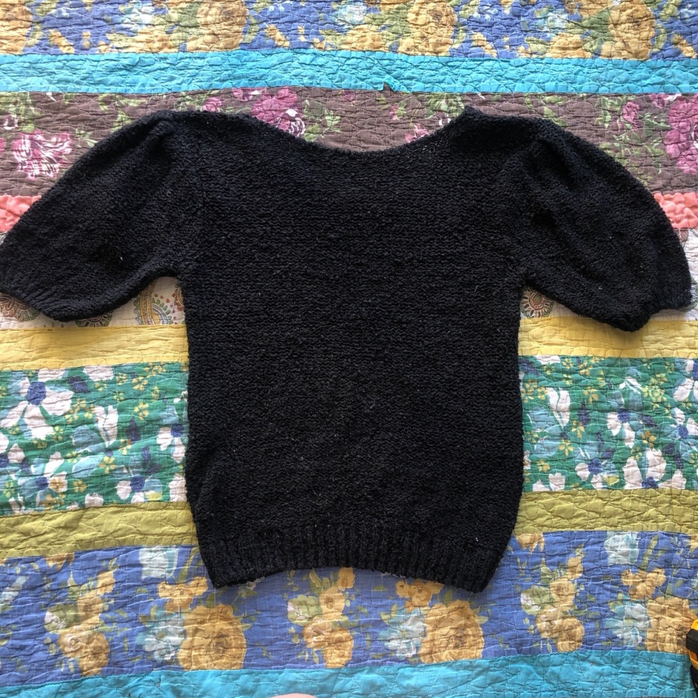Black 80s vintage crochet knit sweater with balloon sleeves